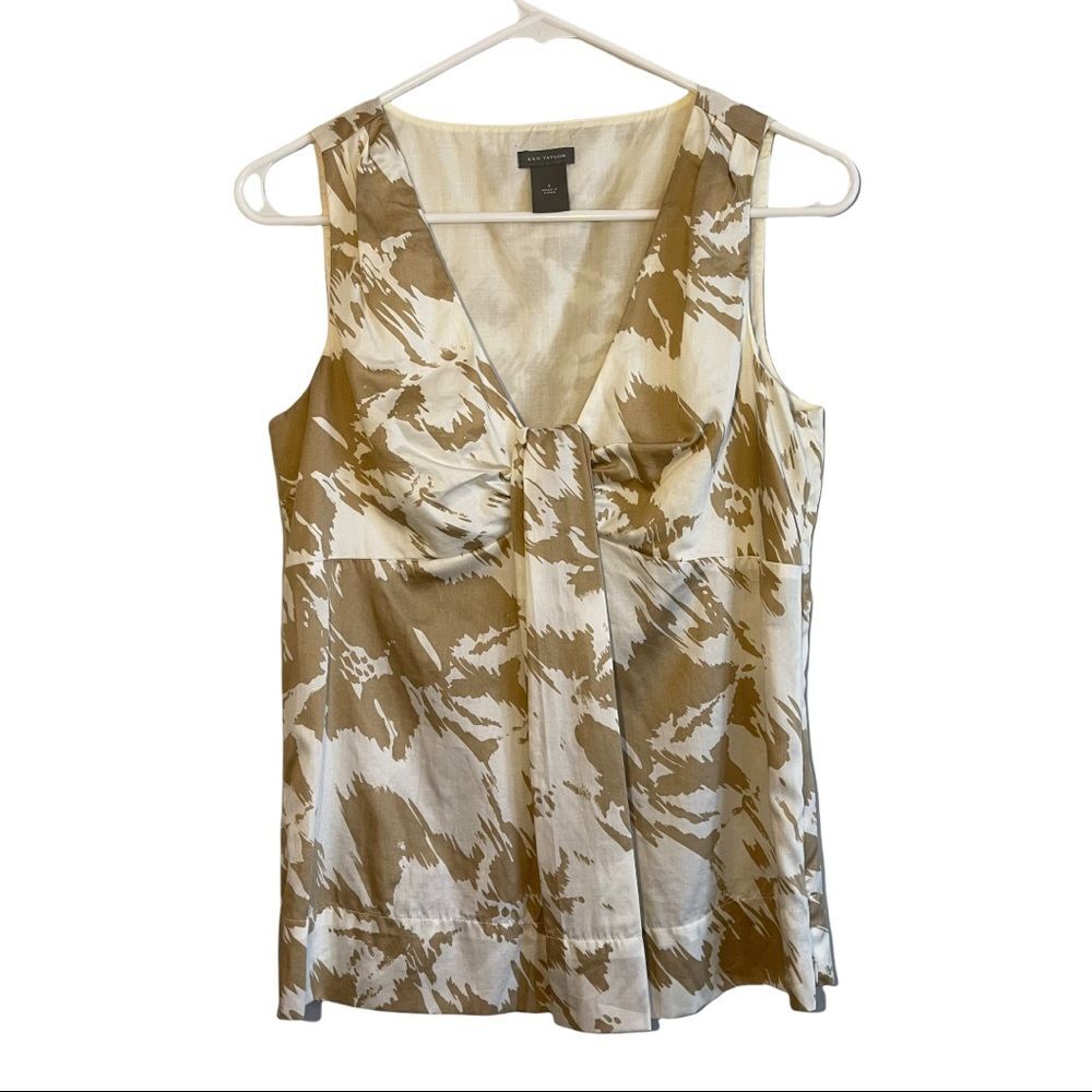 Ann Taylor Sleeveless Cream and Tan Floral Abstract Blouse Top SZ Small